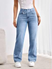 Jeanoix Plus Size Casual Daily Travel Denim Jeans With Pockets And Buttons - Medium Wash - View 1