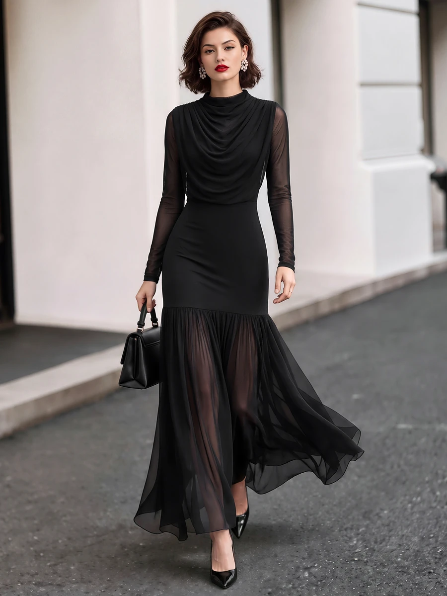 Editum Women's Solid Color Stand Collar Long Sleeve Ruched Elegant Sexy Mermaid Dress Night Cocktail Black Winter/Fall Christmas - Black - View 1