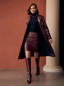 MOTF Tall WOMEN'S ELEGANT PU CROCODILE EMBOSSED TALL BODYCON SKIRT - Burgundy - View 8