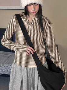 DAZY 女款多功能復古極簡條紋修身顯瘦連帽T恤上衣 - 棕色 - 查看 7