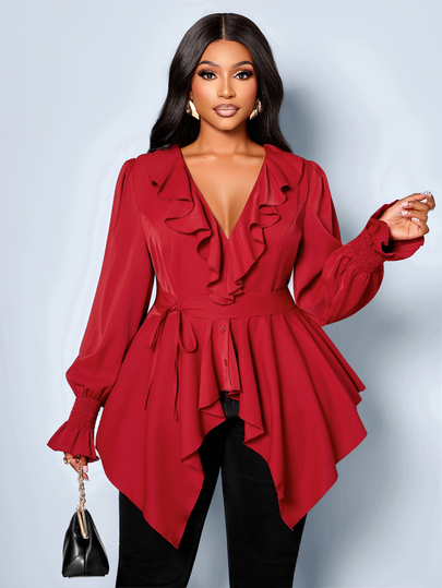 SOLERSUN Plus Size Women's Fashion Solid Burgundy Blouse, Ruffle Deep Shirred Long Puff Sleeves With Elastic Cuffs And Gathered Wrinkles, Tie Waist Belt, Asymmetrical Handkerchief Hem, Elegant Dress-Style Top, Suitable For Wedding Guest, Date Night, Party, Evening Event, Business Casual, Christmas, New Year, Autumn/Winter New Arrival