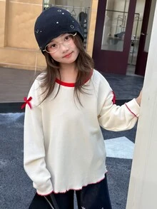 Dazy Kids Tween Girl) Colorblock Round Neck Bow Decor Long Sleeve Basic Autumn T-Shirt - Beige - View 6