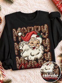 EMERY ROSE Women's Plus Size Round Neck Pullover Sweatshirt, Leopard Print Merry Christmas Letter Santa Claus Holly Print Loose Fit Christmas Top Winter - Black - View 3