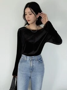 FRIFUL Women's French Style Flocked Long Sleeve Versatile T-Shirt - Black - View 6