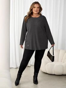 SHEIN CURVE+ 大尺碼女款字母印花拼接設計 T-shirt 藍綠色 秋季 - 深灰色 - 查看 7