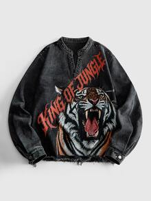 ROMWE MEN New American Retro Y2K Jungle King Tiger Print Rivet Denim Long Sleeve Top Unisex Distressed Washed Soft Denim Rivet Decor Jacket Outerwear For Multiple Occasions - Multicolor - View 1