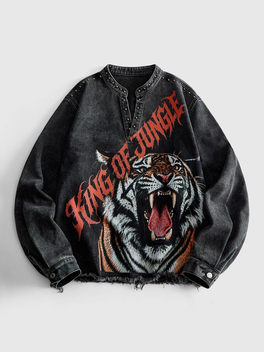 ROMWE MEN New American Retro Y2K Jungle King Tiger Print Rivet Denim Long Sleeve Top Unisex Distressed Washed Soft Denim Rivet Decor Jacket Outerwear For Multiple Occasions - Multicolor - View 1