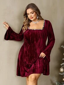 SHEIN CURVE+ Đầm nhung xù trang trí đá rhinestone Giáng Sinh size lớn - Đỏ - Xem 8