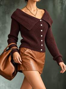 SHEIN كارديجان نسائي محبوك بأكمام طويلة وياقة غير متماثلة مع طية صدر وأزرار بلون بني محمر سادة لفصل الخريف/الشتاء - بني مصدي - مشاهدة 5