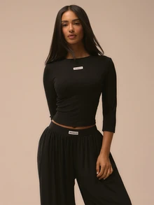 MUSERA Black Embroidered Logo Fitted Crewneck Quarter Sleeve Top Cosy Basic Essentials Autumn Winter Chill Comfy Fall - Black - View 1