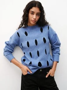 Maija Blue Hollow Out Women's Sweater For Autumn/Winter Holiday Party Urban Style - Blue - View 1