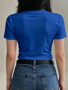 DAZY 女款純色圓領修身短袖基礎層內搭T恤 - 水鴨藍 - 查看 2