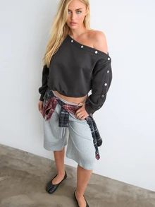 BAD SUNDAY Women's Long Sleeve Asymmetrical Shoulder Fitted Top With Metal Buckle Decor, Y2K Style, Versatile For Autumn/Winter - Dark Grey - View 5