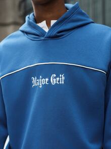 Major Grit طقم هودي وسروال رياضي رجالي بألوان متباينة، طقم رياضي أمريكي ريترو بألوان متباينة، ستايل ريترو Y2K، ملابس الشارع، حافة قابلة للتعديل برباط، نمط تطريز حروف قوطية، طقم رياضي كاجوال من قطعتين، يومي، عطلات، للأزواج، للجنسين، خريف/شتاء - ازرق مخضر - مشاهدة 3