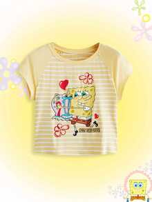 SpongeBob SquarePants | ROMWE Cute Striped Print Versatile Plus Size Women's Raglan Short Sleeve Casual T-Shirt - Yellow - View 1
