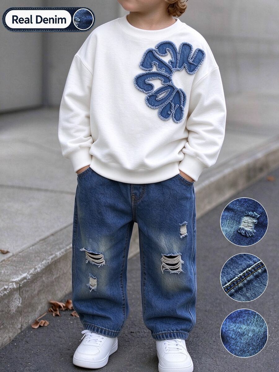 2件組 幼兒男童毛邊牛仔拼接字母圖案圓領衛衣 + 破洞牛仔慢跑褲,長袖套頭衫,鬆緊腰牛仔褲,秋季休閒童裝套裝 - 彩色 - 查看 1