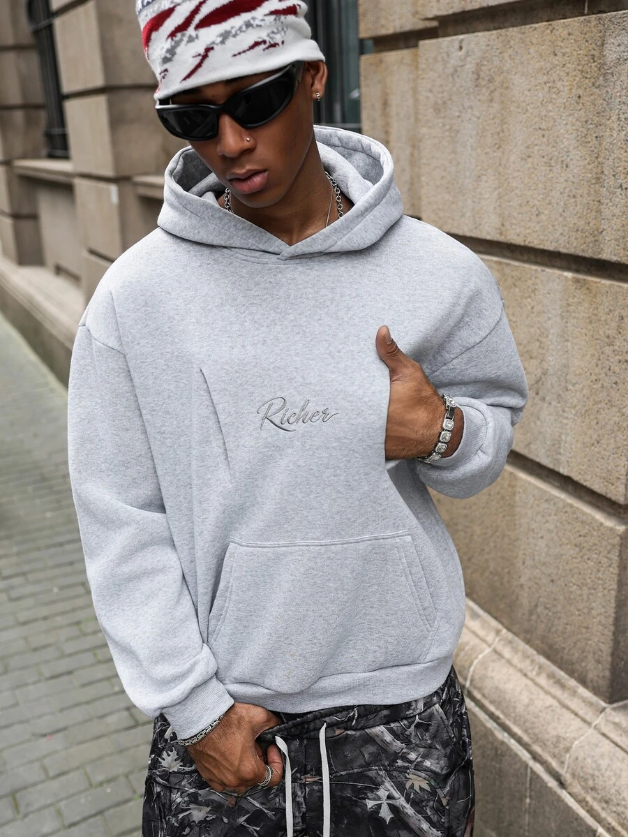Major Grit Men's Letter Print Casual Everyday Hoodie - Light Grey - View 1