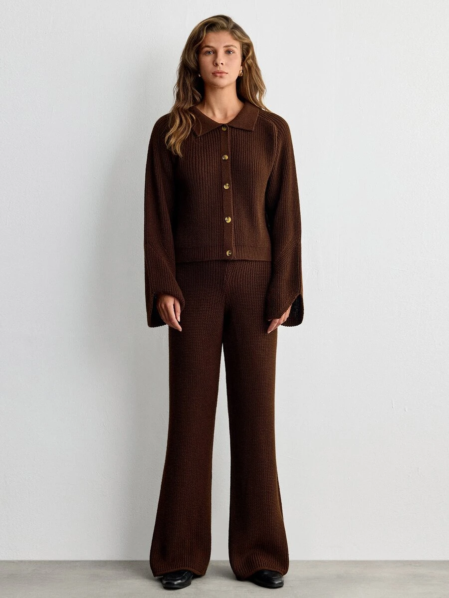 Muchica Ribbed Knit Shirt Collar Cardigan & Wide Leg Pants Co-Ord Set Dark Brown AW25 - Brown - View 1