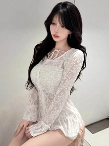 FRIFUL Women's Sweet Lace Ruffle Hem T-Shirt - White - View 6