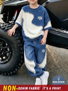 2件組青少年男孩圓領短袖T恤與長褲套裝，短袖上衣搭配休閒長褲，拼色設計，適合假期派對，休閒舒適，小男孩春夏季秋季首選，時尚休閒穿搭，街頭風，外出休閒套裝，返校派對 - 彩色 - 查看 4