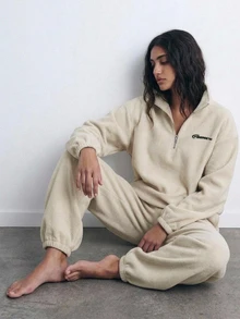 DAZY Women's Letter Pattern Long Sleeve Thermal Lined Sweatshirt And Pants Casual Pajama Set - Khaki - View 12