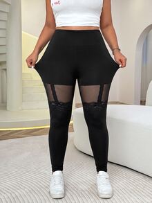 SHEIN EZwear 大尺碼甜美蕾絲拼接緊身褲 - 黑色 - 查看 4