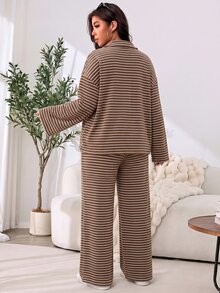 Solflare Autumn And Winter Plus Size Brown Striped T-Shirt Long Sleeve + Striped Loose Pants Home Leisure Two Pieces Set - Mocha Brown - View 2