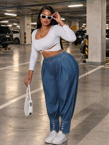 Slaydiva Plus Size Women Non-Stretch Denim Lantern Pants Cowboy Outfits For Women - Medium Wash - View 6