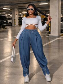Slaydiva Plus Size Women Non-Stretch Denim Lantern Pants Cowboy Outfits For Women - Medium Wash - View 4
