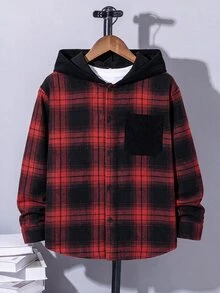 SHEIN 青少年男孩秋季新款連帽格紋帽，兒童時尚復古黑紅格紋長袖開襟上衣，寬鬆連帽口袋設計夾克，春秋休閒多功能外套 - 彩色 - 查看 6