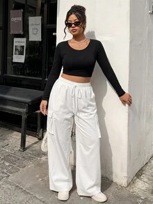 SHEIN BASICS بنطلون طويل كاجوال متعدد الاستخدامات للارتداء اليومي بلون موحد للنساء ذوات الحجم الكبير - أبيض - مشاهدة 1