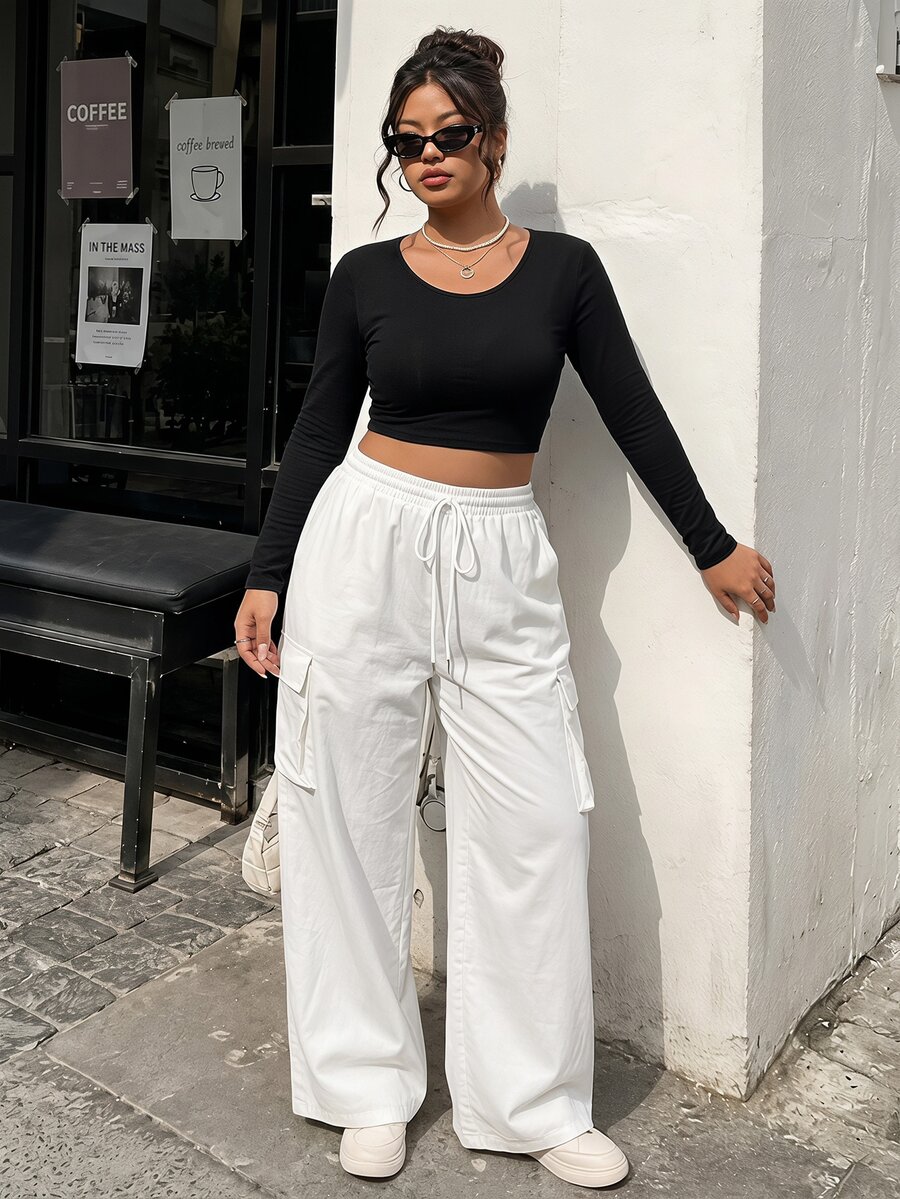 SHEIN BASICS بنطلون طويل كاجوال متعدد الاستخدامات للارتداء اليومي بلون موحد للنساء ذوات الحجم الكبير - أبيض - مشاهدة 1