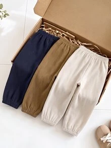 SHEIN 3件組男童燈芯絨錐形休閒運動長褲，時尚秋冬款 - 彩色 - 查看 2