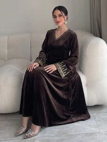 Al Najma Women's V-Neck Colorblock Casual Party Arabian Dress - Brown - View 6
