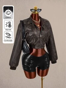 Amplova Women's Winter Cropped PU Material Aviator Jacket - Grey - View 5