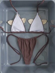 SHEIN Swim 女款夏季海灘 3D 花卉裝飾掛脖綁帶性感時尚比基尼兩件式泳衣套裝（微三角） - 棕色 - 查看 2