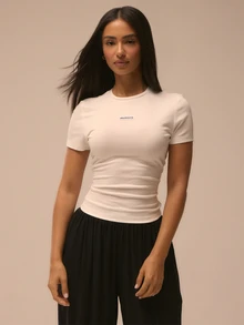 MUSERA ESSENTIALS Embroidered Logo Fitted Crewneck Short Sleeve Top Winter Fall Cute Everyday Autumn Basics Essentials - White - View 1
