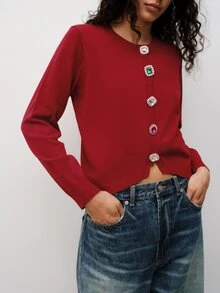 Maija Women's Colorful Rhinestone Single-Breasted Long Sleeve Casual Cardigan ,Going Out Outfits, Work Outfits For Women - Red - View 4
