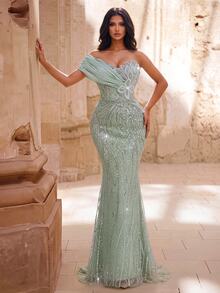 Coutiva Green Beaded Floral Design Formal Evening Wedding Guest Elegant Slim Fit Dress - Green - View 5