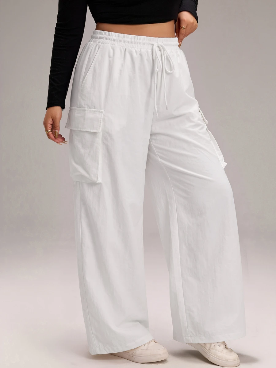 SHEIN BASICS 大尺碼女款純色休閒百搭日常穿著長褲 - 白色 - 查看 1