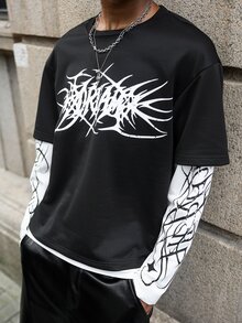 Major Grit 男士哥德風印花 2 合 1 長袖休閒 T 恤 - 黑色 - 查看 4
