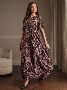 Anewsta Fashionable Modern Casual Commute Paisley Print Women's Dress - Black - View 5