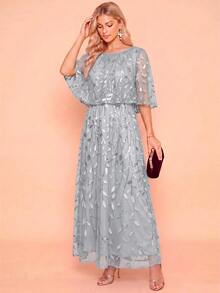 Amorya Women's Elegant Party Sequin Embroidered Mesh Mid-Length Dress - Light Grey - View 3