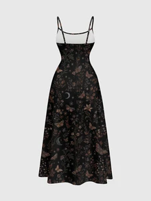 ROMWE Goth Dark Vintage Moth Moon Sun Star Women's A-Line Dress With Pleats - Black - View 2
