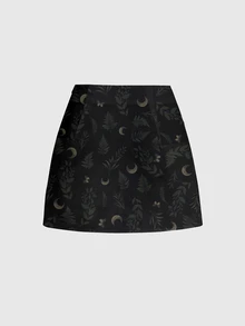 ROMWE Fairycore Rok Mini Seksi Belahan untuk Wanita dengan Motif Matahari, Bulan, Bintang, Daun, Hutan Gelap Misterius - Hitam - View 2