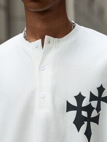 Major Grit Men's Waffle Knit Open Front Button Cross Print Textured Long Sleeve - White - View 5
