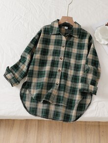 SHEIN 女童復古學院風寬鬆慵懶長袖中長版襯衫秋季上衣，校園、感恩節綠色格紋 - 彩色 - 查看 1