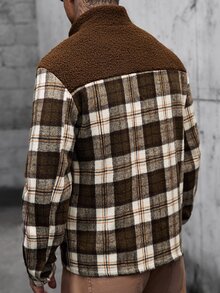 Manfinity CasualCool 男士拼接抓絨格紋大衣，翻領拉鍊寬鬆休閒夾克，加厚秋冬上衣，萬聖節/聖誕節/新年穿搭，送給男友/丈夫的完美禮物 - 彩色 - 查看 2