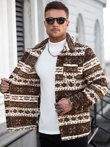 Manfinity CasualCool 男士休閒時尚復古毛絨長袖寬鬆夾克，外出必備，送給家人與朋友的完美禮物 - 卡其色 - 查看 6