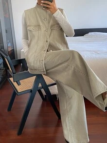 DAZY Women's Loose Vest And Long Pants Casual Denim Set - Khaki - View 7